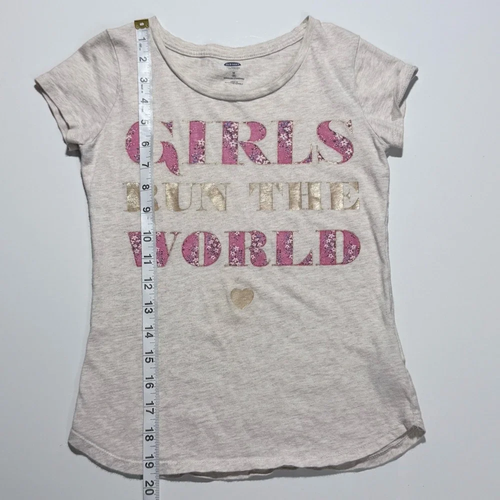 Old Navy Girls Run The World Graphic T-Shirt Cream Pink Gold Sz 8 M Regular